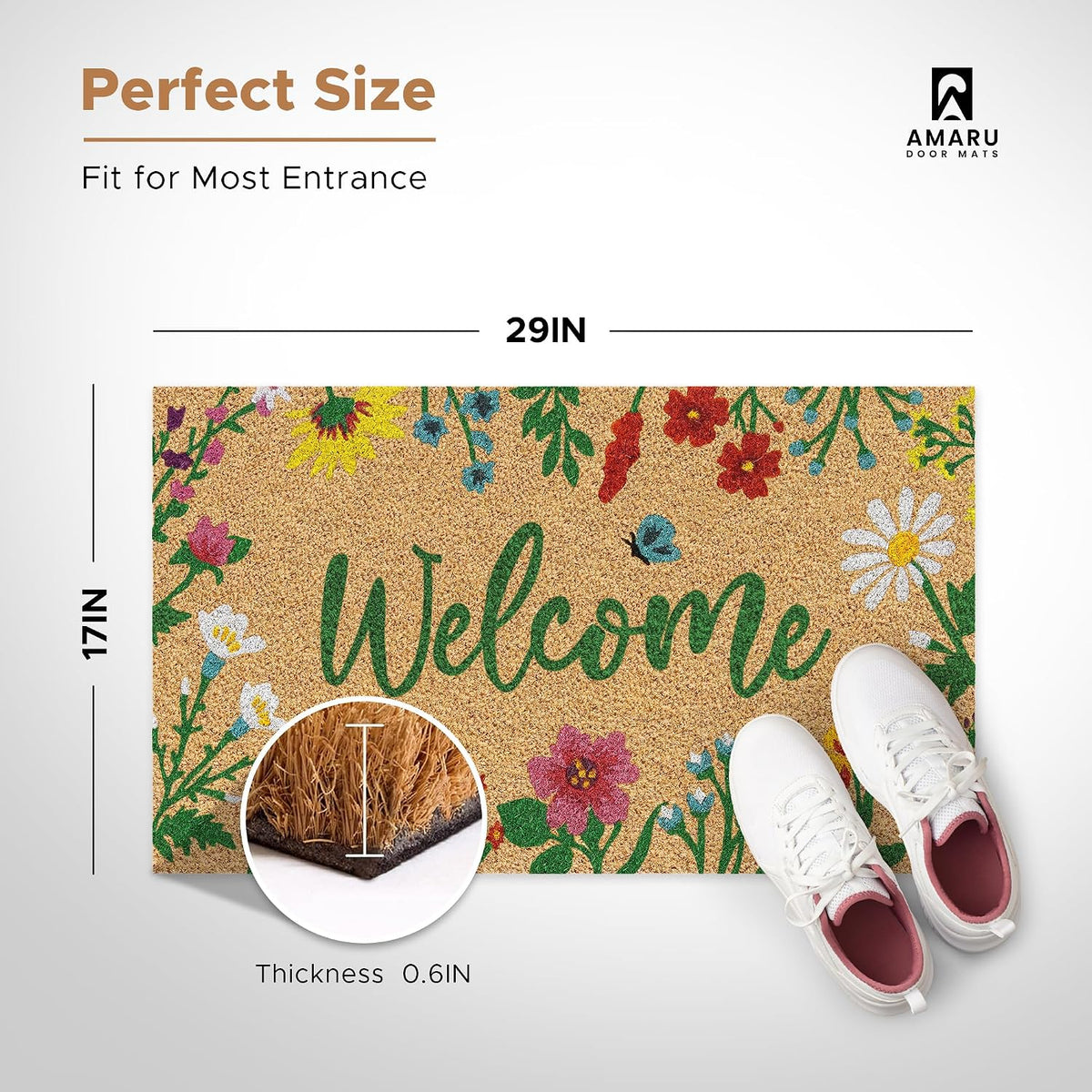Coir Welcome Mat, Non-Slip, Floral, 17 x 29 in