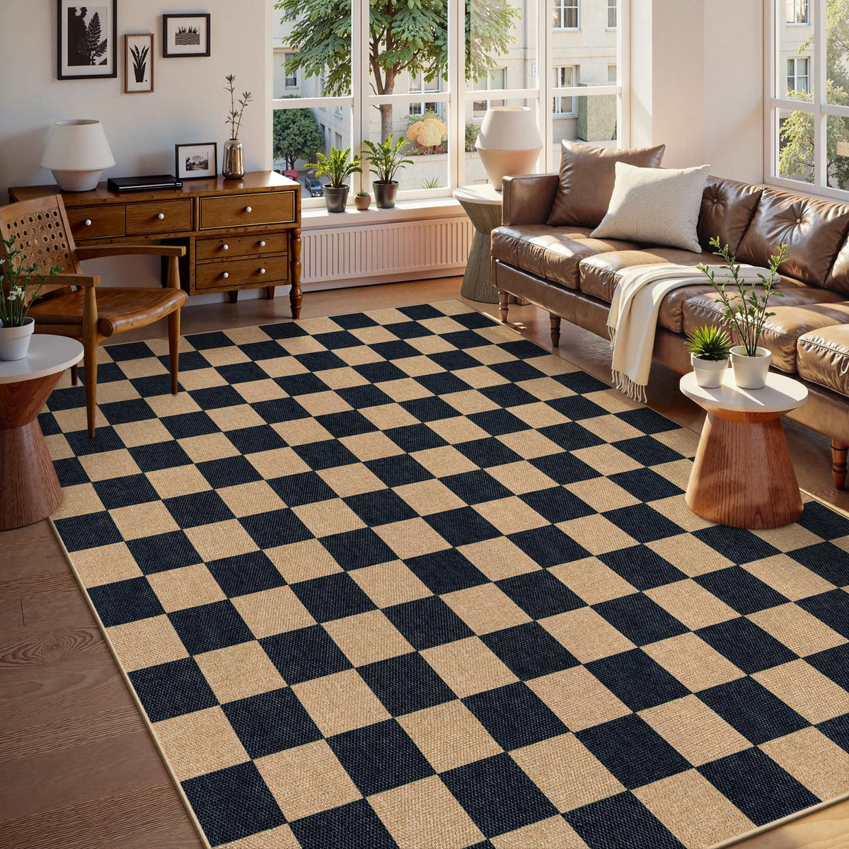 Lahome Checkered Easy Jute 3x5 Entryway Front Porch Rug, Black Diamond Indoor Outdoor Patio Layering Rug, Washable Farmhouse Neutral Non Slip Non Shedding Door Carpet for Backyard Blacony