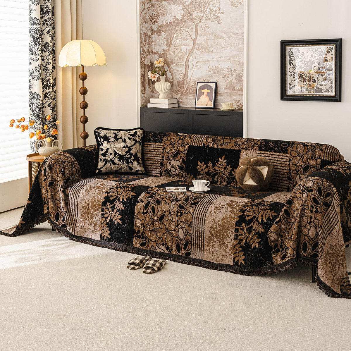 DREAMINGO Green Floral Couch Cover Farmhouse Botanical Jacquard Sofa Covers for 3 Cushion Couch Cozy Chenille Living Room Furniture Futon Sectional Sofa Slipcovers Washable, X-Large 71"x134"