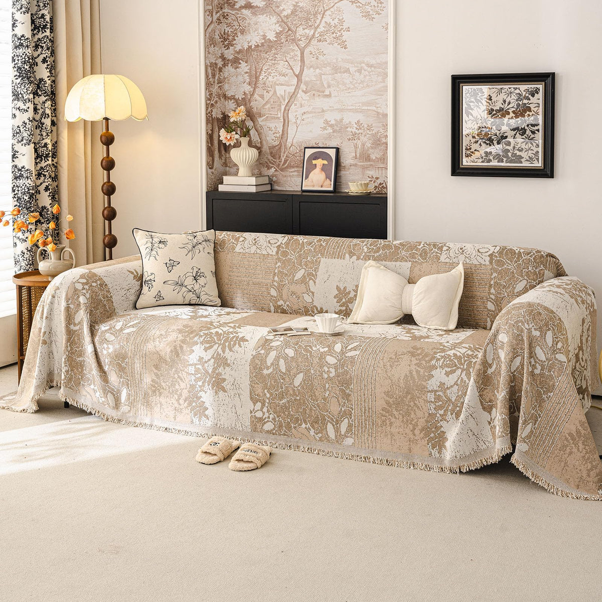 DREAMINGO Green Floral Couch Cover Farmhouse Botanical Jacquard Sofa Covers for 3 Cushion Couch Cozy Chenille Living Room Furniture Futon Sectional Sofa Slipcovers Washable, X-Large 71"x134"
