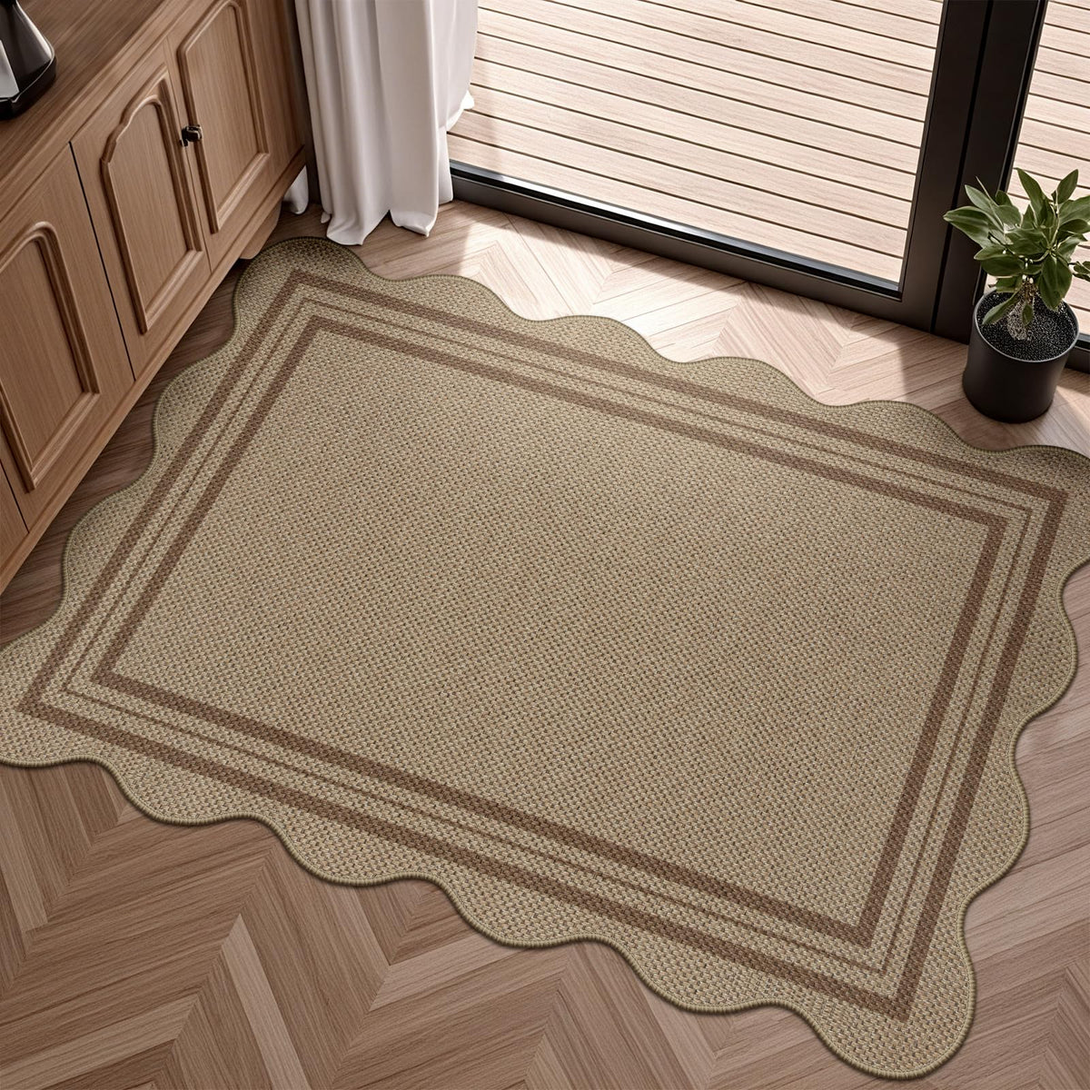 Easy Jute Black Entryway Rug, 2x3 Front Door Mat Washable Non Slip Small Kitchen Rug, Indoor Outdoor Farmhouse Scalloped Doormat for Porch Bathroom Doorway