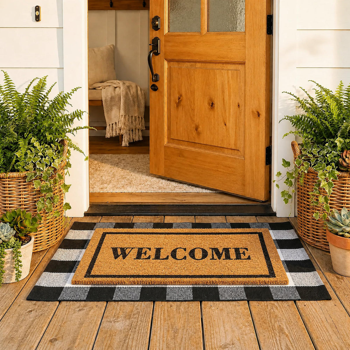 Home Sweet Home Doormat Set, 2-Piece Layered Front Porch Mat Combo, Natural Coir Welcome Mat with Black and White Buffalo Plaid Rug, Farmhouse Outdoor Entryway Decor for Porch, Patio, Home