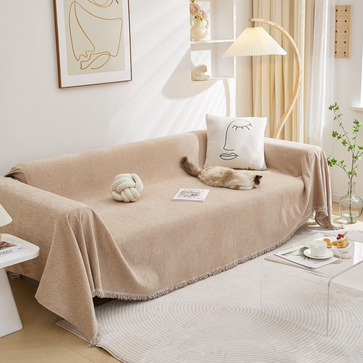 MEETSKY Couch Cover Sofa Covers Couch Covers for 3 Cushion Couch Sofa Pet Friendly, L Shaped Sectional Sofa Covers Washable Simply Put Sofa Throw Cover for Dogs, 91" x 134", Beige