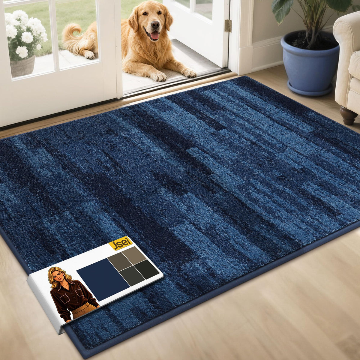 JSEI Dirt Trapper Door Mat 20"x32", Non-Slip Doormat, Blue