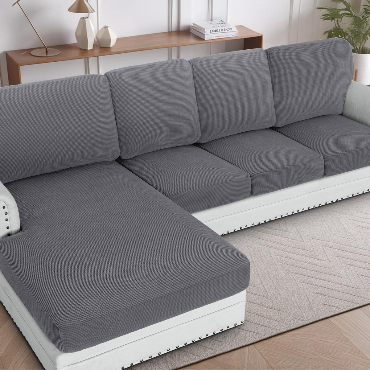 H.VERSAILTEX Sectional Couch Covers 8 Pieces Stretch Sofa Covers for Sectional Sofa Set Separate L Shaped Couch Cover for Both Left/Right Couch (Seat and Back: 1 Chaise + 3 Sofa, Ivory)