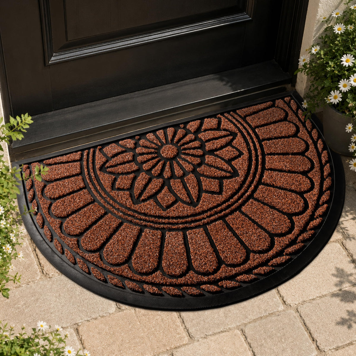 Mibao Front Door Mat Indoor Outdoor Entrance, Semicircular Entrance Mat, Half Round Waterproof Non-Slip Durable Rubber Door Mats, Low Profile Heavy Duty Doormat for Garage, Patio, 30" x 18", Yellow