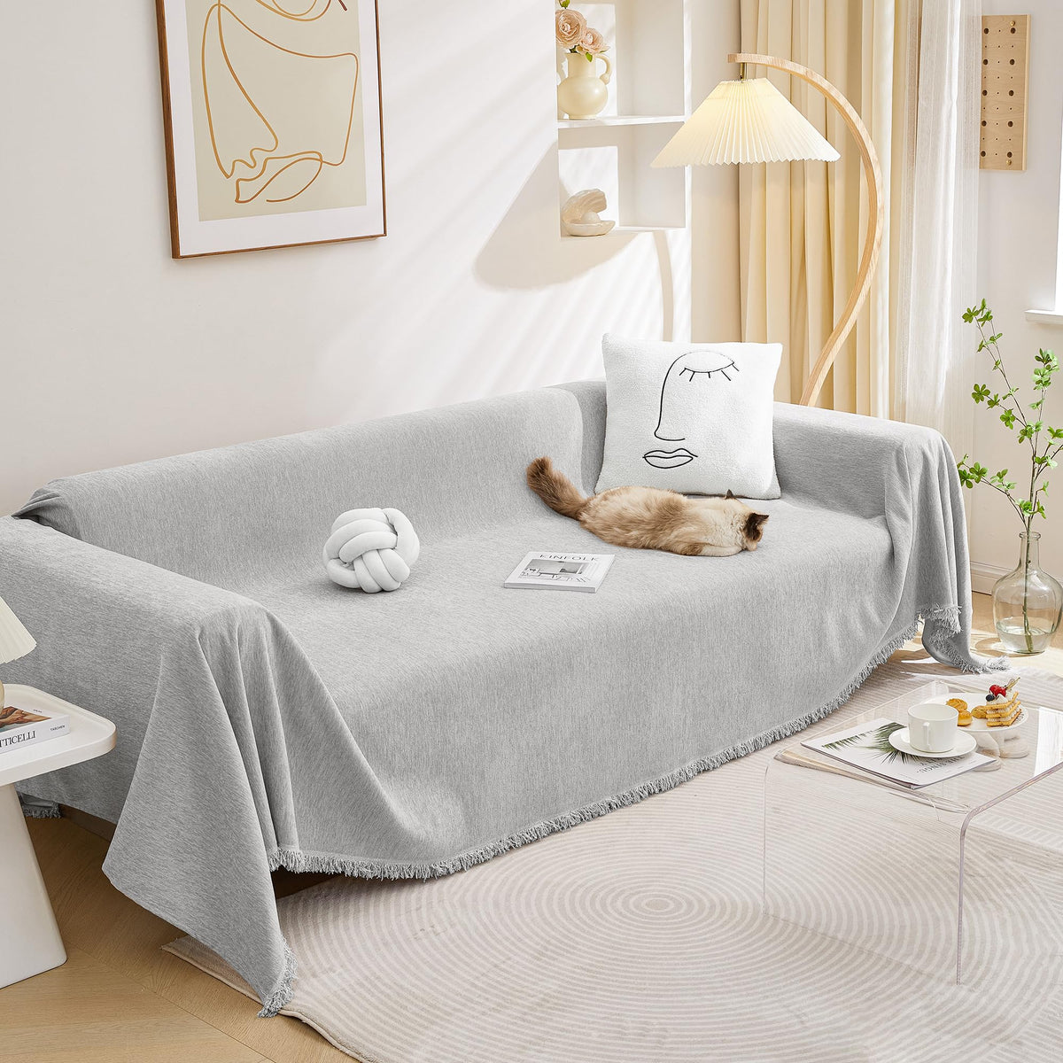 MEETSKY Couch Cover Sofa Covers Couch Covers for 3 Cushion Couch Sofa Pet Friendly, L Shaped Sectional Sofa Covers Washable Simply Put Sofa Throw Cover for Dogs, 91" x 134", Beige