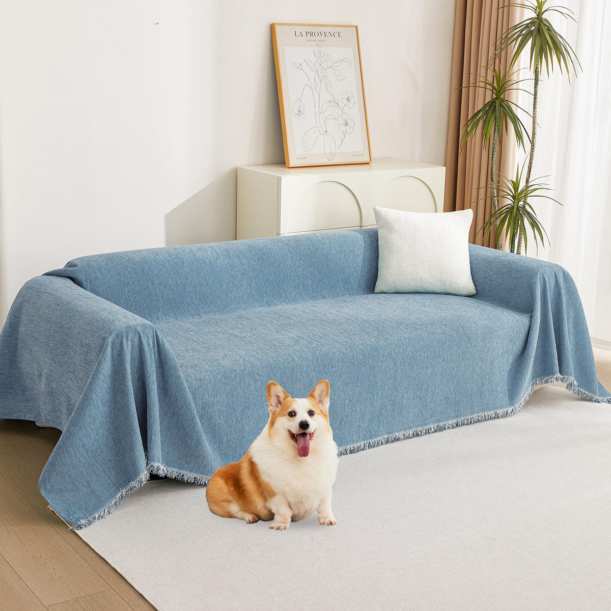 MYSKY HOME Boho Couch Cover Beige Sofa Covers with White Tassel Farmhouse Sofa Slipcover Simple Couch Protector for Dogs Chenille Sectional Couch Covers L Shaped Couch Cushion Covers, 91"x 134"