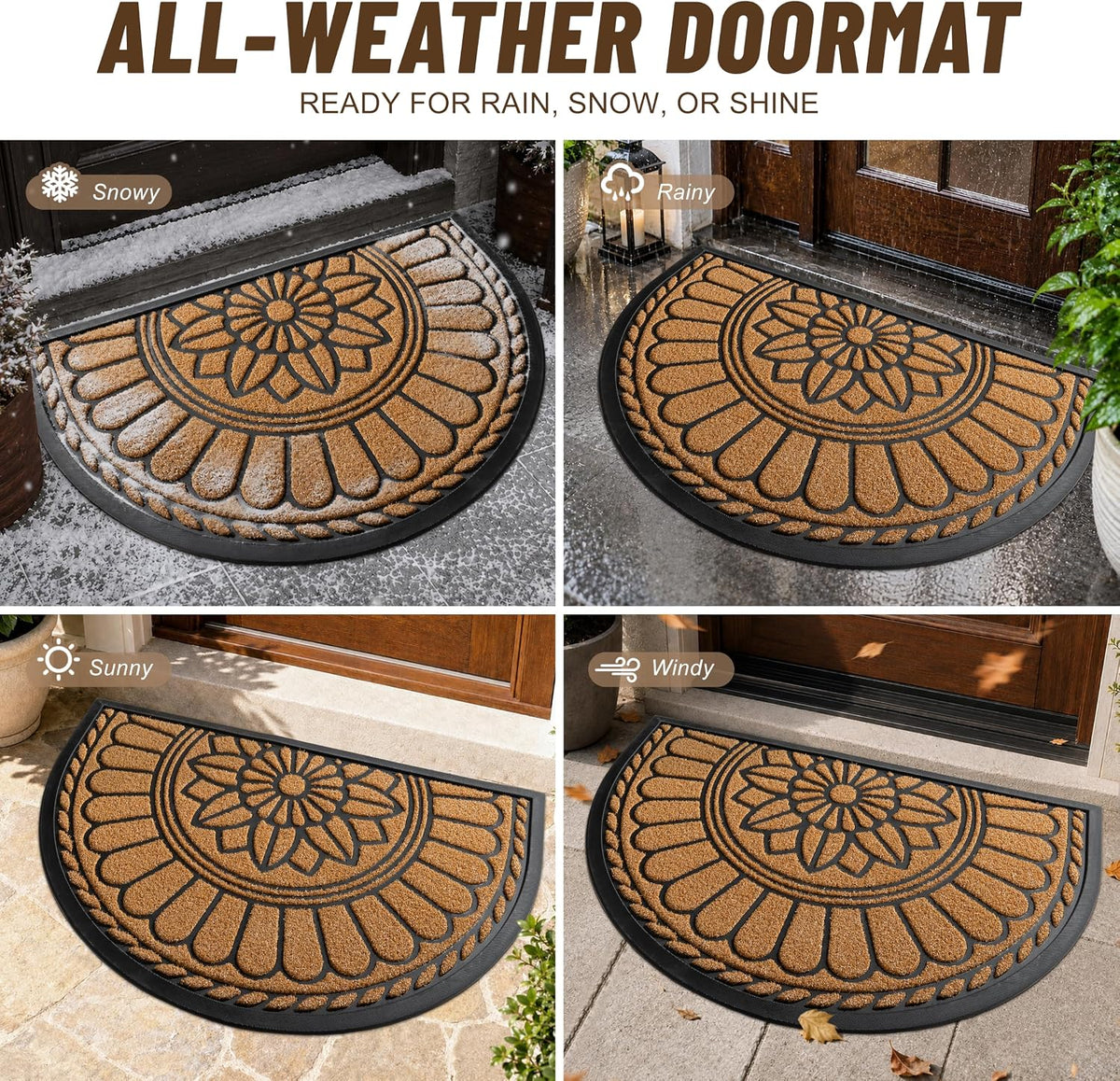 Mibao Front Door Mat Indoor Outdoor Entrance, Semicircular Entrance Mat, Half Round Waterproof Non-Slip Durable Rubber Door Mats, Low Profile Heavy Duty Doormat for Garage, Patio, 30" x 18", Yellow