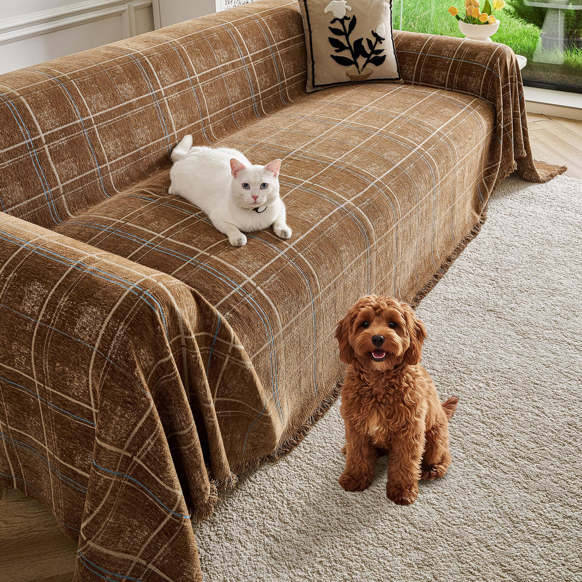 Couch Cover for Dogs Washable Sofa Cover, Sectional Couch Covers, Sofa Covers for 2 Cushion Couch, Non Slip Stripe Sofa Slipcovers Furniture Protector (Beige, 71x102)