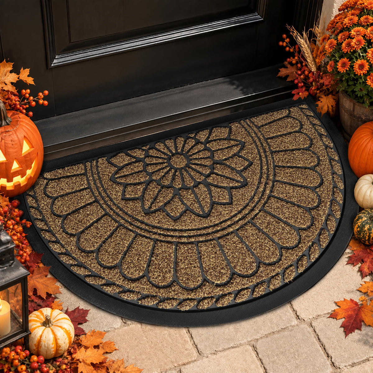 Mibao Front Door Mat Indoor Outdoor Entrance, Semicircular Entrance Mat, Half Round Waterproof Non-Slip Durable Rubber Door Mats, Low Profile Heavy Duty Doormat for Garage, Patio, 30" x 18", Yellow