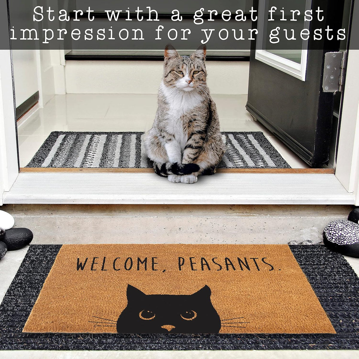 Welcome Peasants Black Cat Doormat Porch 30x17 Inch, Funny Welcome Mat